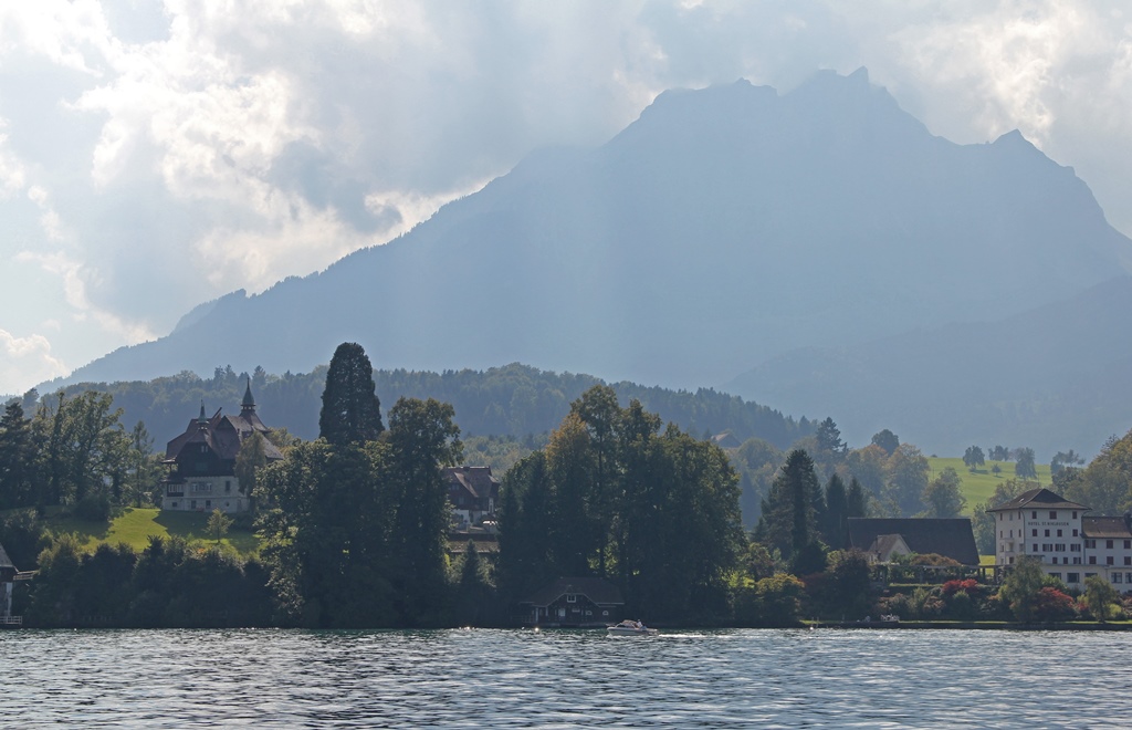 Houses, Hotel St. Niklausen and Mt. Pilatus